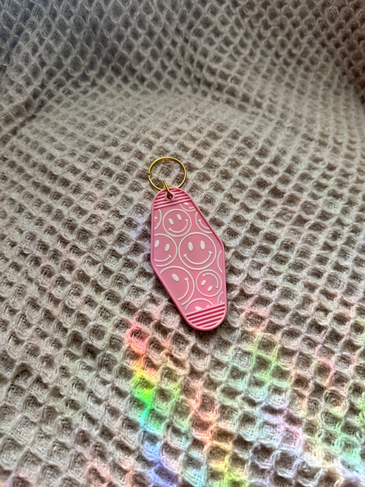 Smiley Face Pink Acrylic Keychain